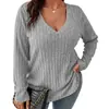 [Em Estoque] Comércio Exterior Amazon Transfronteiriço Moda Feminina Tamanho Grande Novo Cor Sólida Solto Decote V Manga Longa Blusa