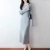 Vestido de Punto de Lana Pura con Cuello Redondo, Mangas Acampanadas, Canalé, Ajustado, Largo, Capa Base, Suéter para Mujer, Otoño/Invierno 2026