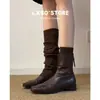 Botas de mujer, botas ajustadas estilo coreano, botines para mujer, tacón grueso, punta cuadrada, estilo Chelsea retro británico, nuevo tejido negro minimalista elegante