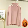 Camiseta de veludo solto de gola alta de manga comprida feminina com gola de pilha interna quente plus size Camisa de base de estilo ocidental grosso outono e inverno Top
