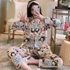 Pijama de Primavera e Outono Feminino de Alta Qualidade Fino de Outono com Calça de Manga Longa Estilo Popular na Internet Tamanho Grande Roupas de Casa Listradas para Usar como Roupa Externa