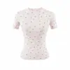 Camiseta Feminina de Manga Curta com Cintura Marcada Estilo Kardashian, Top Floral com Gola Redonda Elástico Slim Fit para o Verão