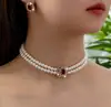 Moda Europea y Americana Transfronteriza Más Vendida Conjunto de Collar y Aretes Cuadrados de Pedrería Imitación Perla Doble Fila Venta al por Mayor Joyería de Comercio Exterior Europea y Americana