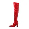 Botas de Mujer de Comercio Exterior, Botas Largas de Invierno y Otoño por Encima de la Rodilla, Punta Fina, Tacón Grueso, Tacón Súper Alto, Botas por Encima de la Rodilla, Zapatos de Charol para Club Nocturno y Escenario
