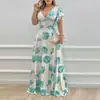 2026 Novas Roupas de Verão Europeias e Americanas Transfronteiriças Roupas Femininas Elegante e Sexy Manga Folha de Lótus Vestido Longo Estampado