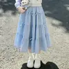 Conjunto Escolar Moda Primavera e Outono para Crianças Grandes Top de Manga Longa Falso Duas Peças Saia Doce com Laço Conjunto de Duas Peças
