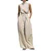 Conjunto de duas peças solto: top de linho sem mangas com gola alta estilo minimalista e preguiçoso, combinado com calças de cintura alta de perna larga, terno para o dia a dia
