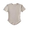 Camiseta de Estilo Europeo y Americano de Cuello Redondo Pequeño Plisada Ajustada de Manga Corta para Mujer Verano 2023 Nuevo Color Sólido Corta