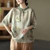 Camisa Fina Estampada Retro Artística Elegante de Talla Grande Holgada de Verano Artística con Cuello Peter Camisa de Punto para Mujer