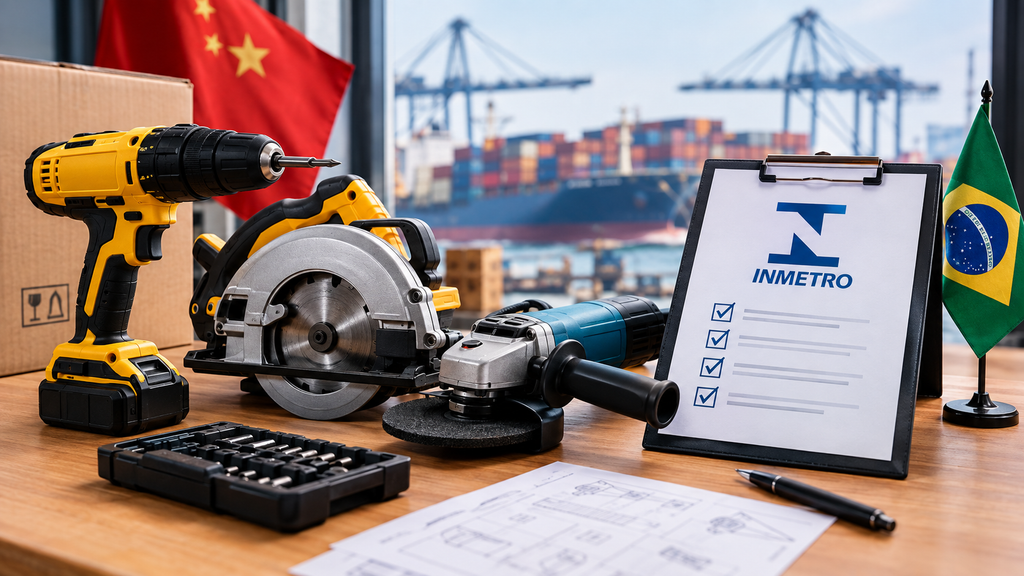 Ferramentas elétricas como furadeira, serra circular e esmerilhadeira sobre mesa, com bandeiras do Brasil e da China e prancheta de certificação INMETRO, representando a importação e compliance de ferramentas elétricas chinesas.