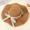 Sombrero de Paja con Adorno de Encaje, Lazo y Flores, Sombrero de Sol para Vacaciones en la Playa, Sombrero de Sol de Ala Ancha Casual para Exteriores