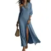 Verano 2026 Nuevo Ropa Femenina Transfronteriza Europea y Americana Elegante Holgado Hombros Descubiertos Abertura Color Sólido Vestido Largo