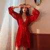Robe de Renda Transparente Leve Sexy de Verão com Decote V e Amarração Manga Longa para Mulheres Roupão de Casa de Alto Padrão para Manhã 062