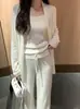 Chique Coreano Outono e Inverno Estilo Coreano Camisola Relaxada Cardigan Jaqueta + Cordão Calça de Pernas Largas Solta Terno de Três Peças