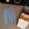 Cardigan Dourado Pequeno com Fivela / Cardigan de Tricô Retro Coreano com Gola Redonda e Fivela Dourada Feminino Outono Inverno Suave e Fofo