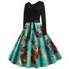 1131# Disparo real en stock Amazon estilo retro Hepburn estampado navideño costura manga larga vestido de falda amplia