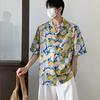 Camisa Floral de Seda Gelo Masculina Manga Curta Verão Fina Havaiana Praia Beira-Mar Camisa Bonita Solta Estampada Jaqueta Moderna