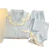 Pijama cálido engrosado con volantes para mujer, temporada de otoño e invierno, cárdigan, color liso, suave y esponjoso, ropa de casa con terciopelo, se puede usar afuera