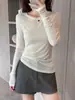 Camiseta com Máscara Draping Macia Alta Elasticidade Pegajosa Feminina Início do Outono Cor Sólida Manga Longa Camada Base Emagrecimento Correção dos Ombros Gola Redonda Top Versátil