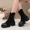Botas Femininas de Solado Grosso Transfronteiriças Europeias e Americanas Botas de Moda Europeia Salto Bloco Zíper Traseiro Estilo Coreano Salto Alto Francês Novo Estilo Atacado Tamanho Grande