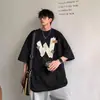 Camiseta Negra de Manga Corta para Hombre, Marca de Verano Resistente de Moda, Corte Holgado, Tallas Grandes, Diseño Único, Top de Manga Tres Cuartos, Borgoña