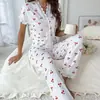 Pijama Feminino Estilo Europeu e Americano Outono e Inverno Sexy Decote V Renda Estampa de Cereja Camiseta Calça Justa Roupa de Casa Cardigã