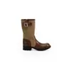 Versión de piel de vaca ~ Color uva, 4 cm de aumento de altura, hebilla de cinturón de color block a la moda, punta redonda, tacón grueso, botas de montar estilo Western hasta la mitad de la pantorrilla para mujer