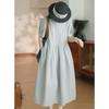 Vestido Casual Elegante Japonês para o Dia a Dia Simples Confortável Algodão de Fio Duplo Algodão Xadrez Fino Manga Curta Gola Redonda Verão