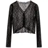 Cárdigan de punto fino con volantes y manga larga para mujer, protección solar de verano, chal de punto, top corto elegante, camisa para aire acondicionado