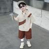 Roupa Infantil Camisa de Lapela Terno de Verão 2025 Novo Estilo Menininho Estilo Coreano Moderno Bonito Fino Manga Curta Conjunto de Duas Peças