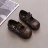 Sapatos de Couro Infantis para Meninas, Bico Quadrado, Tira com Fivela Dupla, Mary Janes, Estilo Escolar, Sapatos Individuais, Preto e Branco, Couro Macio, Sapatos de Corte Baixo