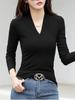 Camiseta Base Sexy de Manga Larga con Cuello en V para Mujer Primavera y Otoño Ajustada Negra Versátil Interior Exportación