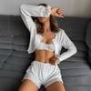 Estilo europeo y americano nuevo primavera y verano amigable con la piel cárdigan de manga larga ropa interior shorts diseño de tres piezas transpirable pijamas hogar