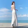 Vestido Branco Longo Renda Floral Vazado Picante Estilo Francês para Mulheres, Novo Verão Sexy Costas Abertas Cintura Marcada