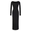 Estilo Kardashian Primavera Sexy Garota Quente Emagrecedor Bodycon Justo ao Corpo Decote Quadrado Manga Longa Vestido Preto Saia Longa Feminina