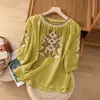 277 # Camisa de algodón y lino con bordado pesado de manga tres cuartos para mujer, verano, corte holgado, adelgazante, jersey de cuello redondo, top de lino elegante