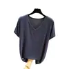 Camiseta base de modal estilo coreano para mulheres, corte solto, plus size, manga curta, adequada para usar em camadas, nova blusa primavera/verão, camiseta lisa, camiseta com decote V