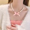 Collar de perlas artificiales con lazo de amor dulce para niñas, accesorios de collar de clavícula de nicho de lujo ligero de verano