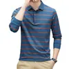 Camisa polo de rayas finas para hombre, camiseta base de manga larga, casual y versátil, estilo retro japonés, top azul para hombre