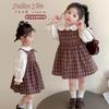 Conjunto de dos piezas de vestido de primavera para niña, moderno traje de vestido a cuadros de manga larga para niños, vestido de princesa para bebé de primavera y otoño
