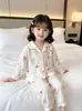 Conjunto de pijama infantil, estilo fino para primavera e outono, roupa para casa com ar condicionado para meninas, cardigã de manga comprida, pijama doce estilo coreano de algodão nuvem para meninas