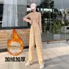 Pantalones de Cuadros con Forro Polar para Mujer, Otoño e Invierno de Cintura Alta Cálidos Gruesos Rectos, Pantalones de Borrego, Se Pueden Usar Afuera, Pantalones de Cuadros de Pierna Ancha
