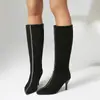 Novas Botas de Salto Alto de Camurça com Lantejoulas Bico Fino Salto Agulha Botas de Cavaleiro Tamanho Grande 40-43 Botas de Exportação Wish