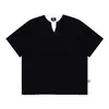 Camiseta de Manga Curta Pesada Falsa Duas Peças com Textura Waffle para Homens e Mulheres Verão Decote V Solta Simples Manga Meia-Manga Gola Henry Top