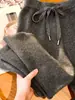 Pantalones de punto de lana gruesa color gris de alta gama para mujer, pantalones rectos holgados casuales de cachemira