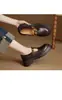 Versión de Piel de Vaca~Mocasines Versátiles de Piel de Ternera Vintage con Camelia y Suela Gruesa para Mujer con Hebilla de Tira en T, Zapatos de Cuero con Punta Redonda