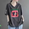 E-commerce Transfronteiriço Nova Camiseta de Manga Curta Estilo Chinês Feminina Solta Tamanho Plus Size Meninas Cheinhas Top para Cobrir a Barriga Escondendo Defeitos Emagrecedor Manga Meia Tendência