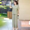 Mãe de Meia-Idade na Casa dos Cinquenta Top Elegante de Manga Curta Moda Feminina Conjunto de Calças de Perna Larga para o Verão Novo Estilo Elegante