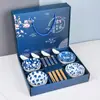 Juego de Vajilla Creativa de Cerámica Azul y Blanco Estilo Japonés Tazones y Palillos Juego de Tazón y Plato Bol de Regalo Propicio Bol de Cerámica para Uso Doméstico