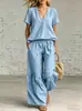 2026 Moda Casual Cruzada Europea y Americana Nueva para Mujer Color Sólido Cuello en V Holgado Manga Corta Pantalones Largos Casuales Conjunto de Dos Piezas